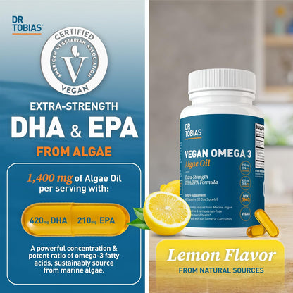 Dr. Tobias Vegan Omega 3 Algae Oil 60 Capsules | Extra-Strength DHA EPA | Plant-Based Omega 3 Supplement | Heart & Brain Support | 420 mg DHA + 210 mg EPA | Lemon Flavor | 30 Servings
