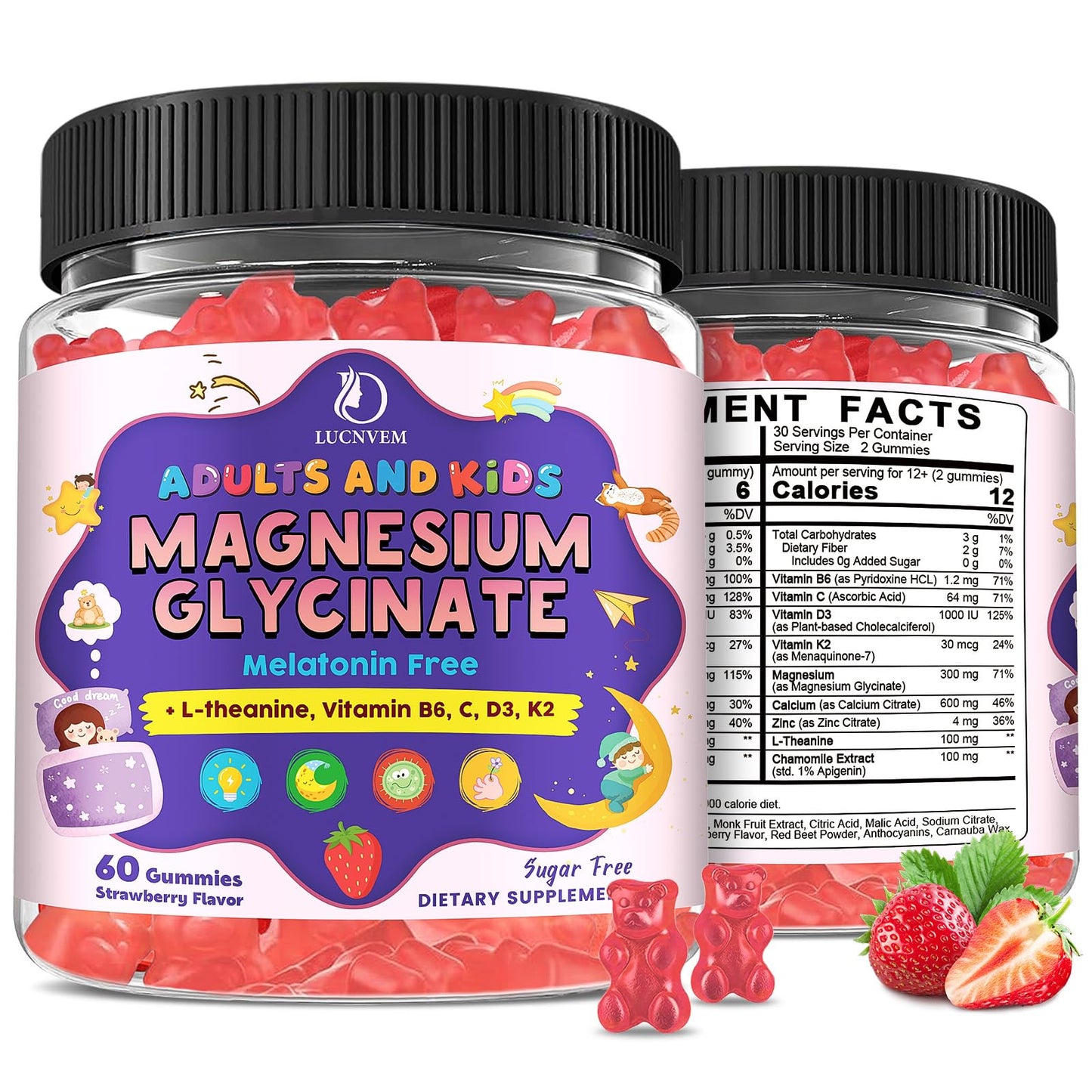 Magnesium Glycinate Gummies for Kids 4+ & Adults- Magnesium Glycinate 150/300 mg for Natural Sleep, Relaxation & Calm Support, Melatonin Free, Sugar Free Strawberry Flavor, 60 Ct