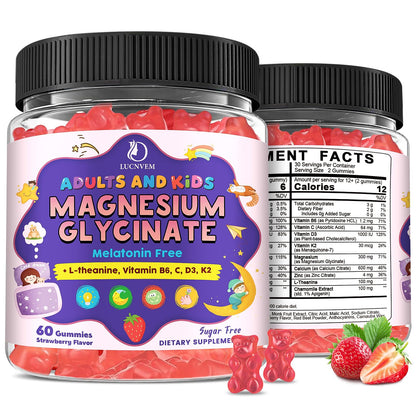 Magnesium Glycinate Gummies for Kids 4+ & Adults- Magnesium Glycinate 150/300 mg for Natural Sleep, Relaxation & Calm Support, Melatonin Free, Sugar Free Strawberry Flavor, 60 Ct