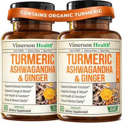 Ashwagandha Capsules with Turmeric & Ginger for Energy, Mood & Joints 60 Ct
