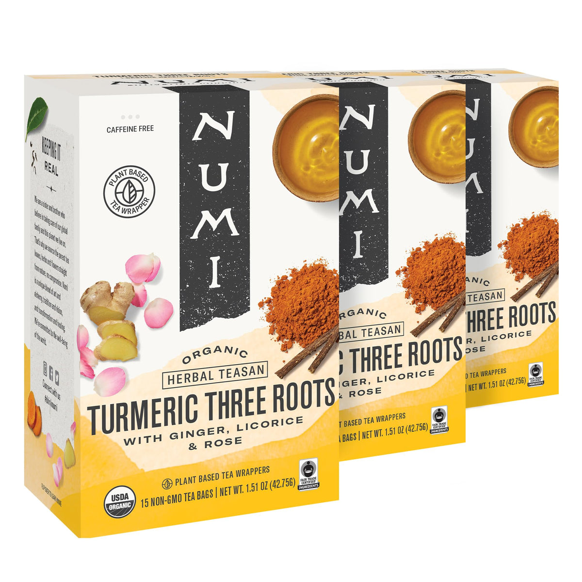 Numi Organic Three Roots Turmeric Tea, 12 Tea Bags (Pack of 3) With Ginger, Licorice