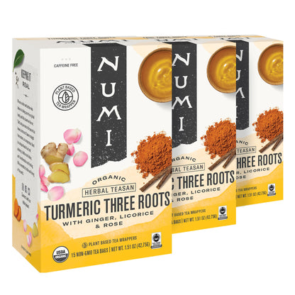 Numi Organic Three Roots Turmeric Tea, 12 Tea Bags (Pack of 3) With Ginger, Licorice