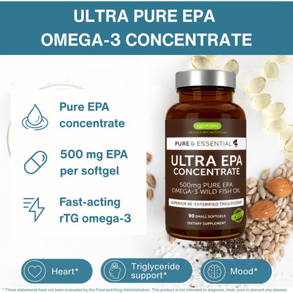 Igennus Ultra Pure EPA Omega-3 500mg, DHA-Free, High EPA rTG, IFOS Certified Fish Oil, Concentrated Triglyceride Form, Non-GMO, 90 Small Softgels
