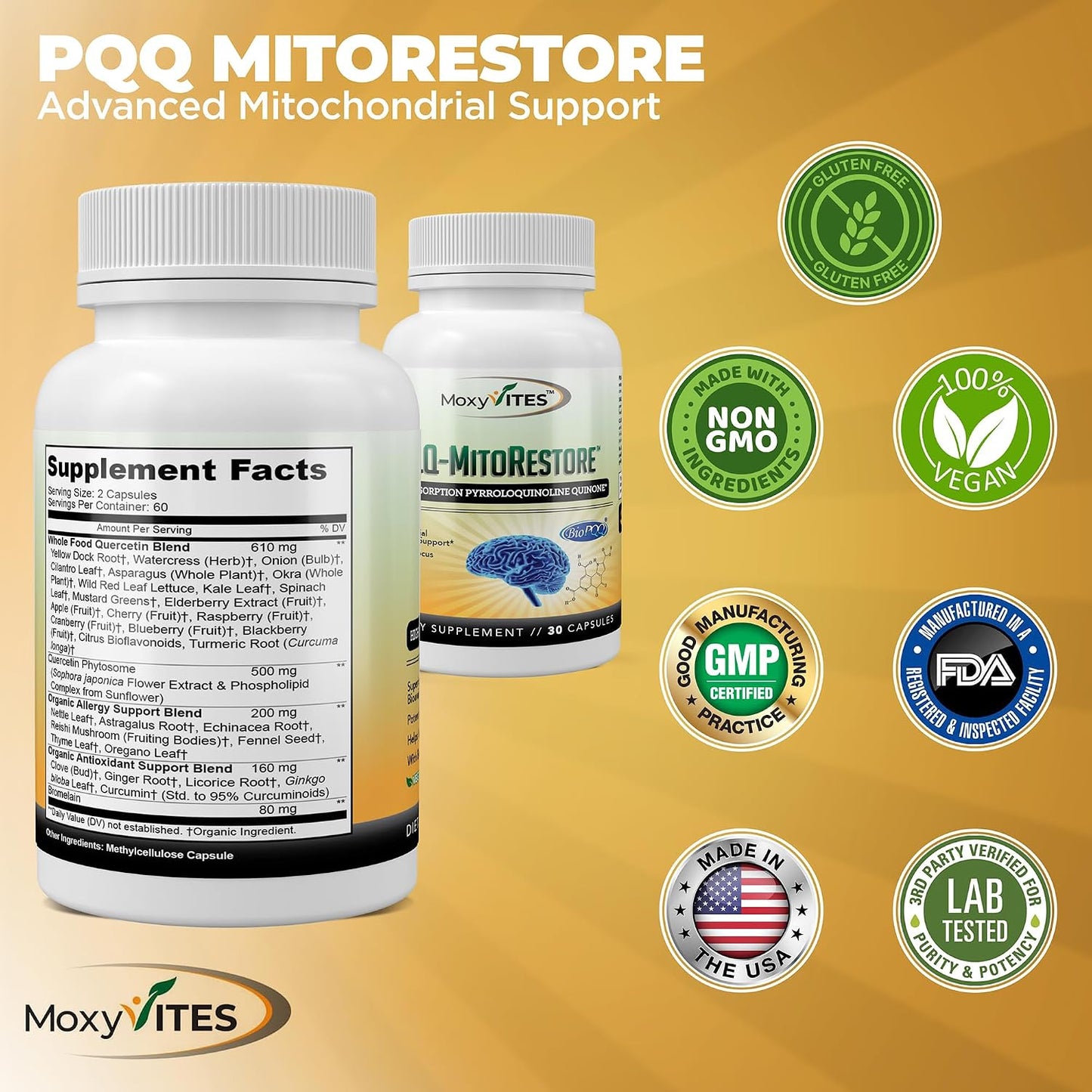 PQQ MITORESTORE Brain Supplements for Memory and Focus - Mitochondria Supplement with BioPQQ 20mg - Purest Form NOT Chemically Synthesized, Cognitive and Heart Support - 30 Vegan Capsules, Non GMO