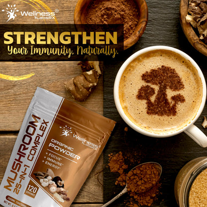 WELLNESS LABSRX Mushroom Powder, 25 in 1 Mushrooms Supplement - 2000mg, 25 Superfood Mishroom Lions Mane Powder with Chaga, Shiitake, Cordyceps, Reishi - Lion's Mane Mushroom - 120 Servings