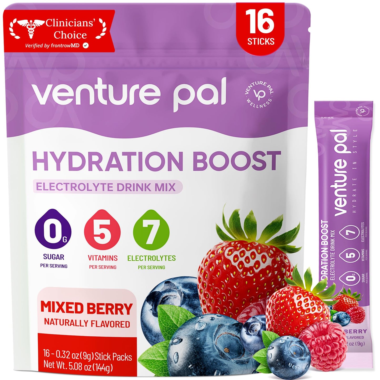 Venture Pal Sugar Free Electrolyte Powder, Liquid Daily IV Hydration Packet | 7 Electrolytes & 5 Vitamins Instantly Hydration, Electrolyte Dink Mix for Sports & Recovery, Vegan, Keto-Friendly, 16 Sticks