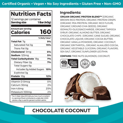 Orgain Organic Vegan Protein Bars, Chocolate Coconut - 10g Plant Based Protein