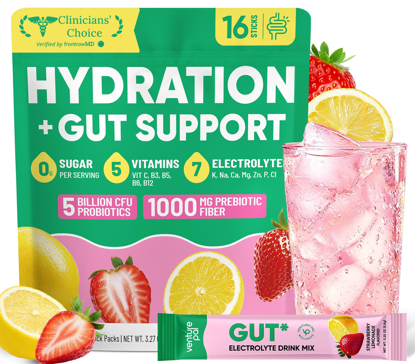 Venture Pal Sugar Free Hydration Packets + Gut Health Electrolytes Powder | Liquid Daily IV with 7 Electrolytes, 5 Vitamins, Probiotics & Fiber for Dehydration Relief and Gut Health Support