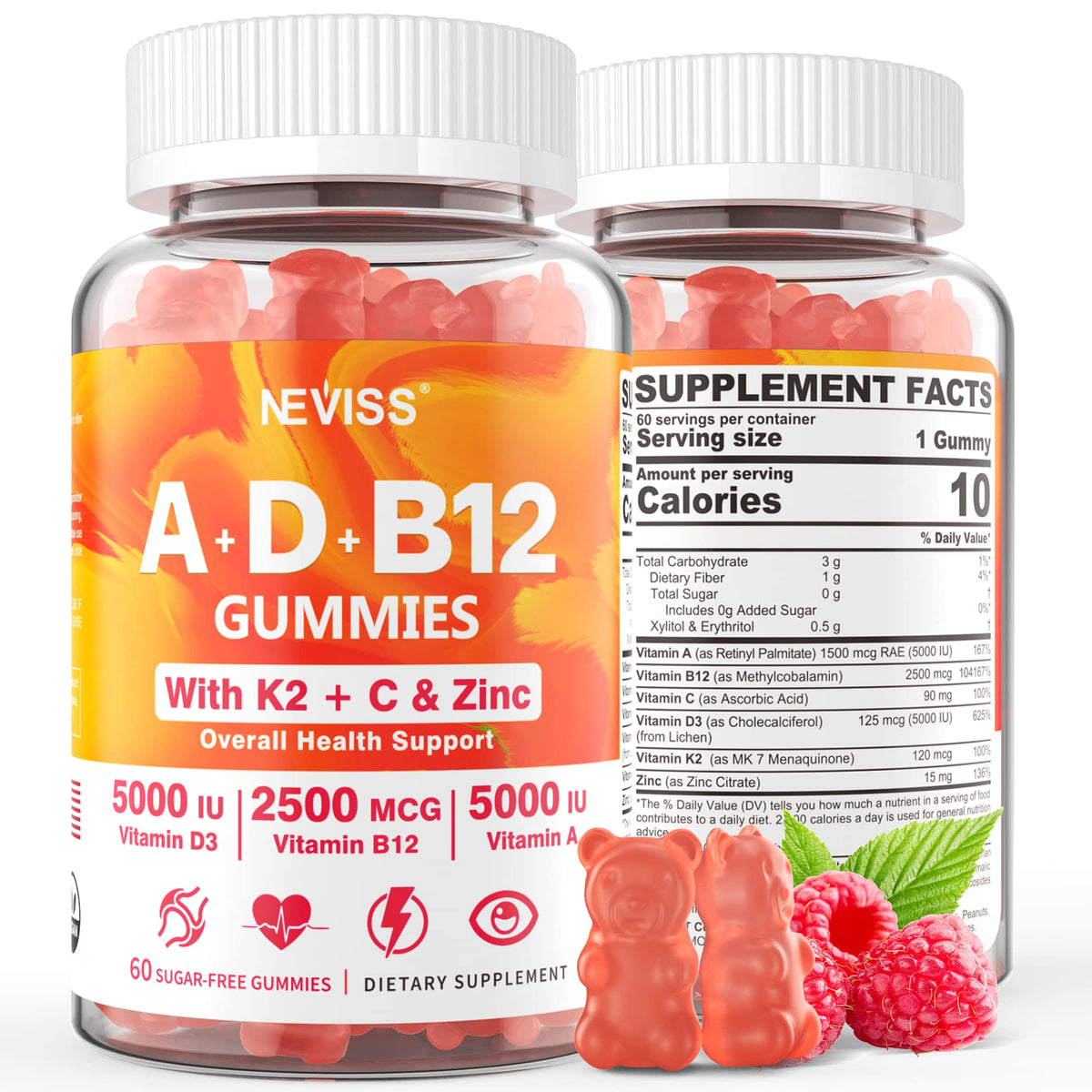 Sugar-Free Methylated Multivitamin Gummies for Women & Men - 2 Months Supply -ADK+B12