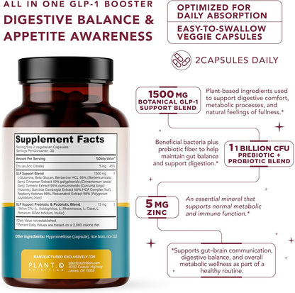 PLANT.O NUTRITION GLP-1 Supplement All in One Appetite Control Metabolic & Gut Support for Men and Women with Pre & Probiotics, Berberine, Cinnamon & Botanicals | 1 Billion CFU – 60 Veggie Capsules