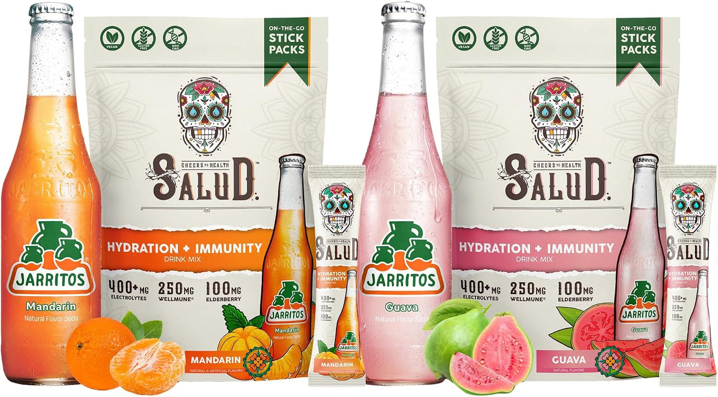Salud x Jarritos 2-Pack | 2-in-1 Hydration + Immunity (Mandarin) & Hydration + Immunity (Guava) – 15 Servings Each, Agua Fresca Drink Mix, Non-GMO, Gluten Free, Vegan, Low Calorie, 1g of Sugar