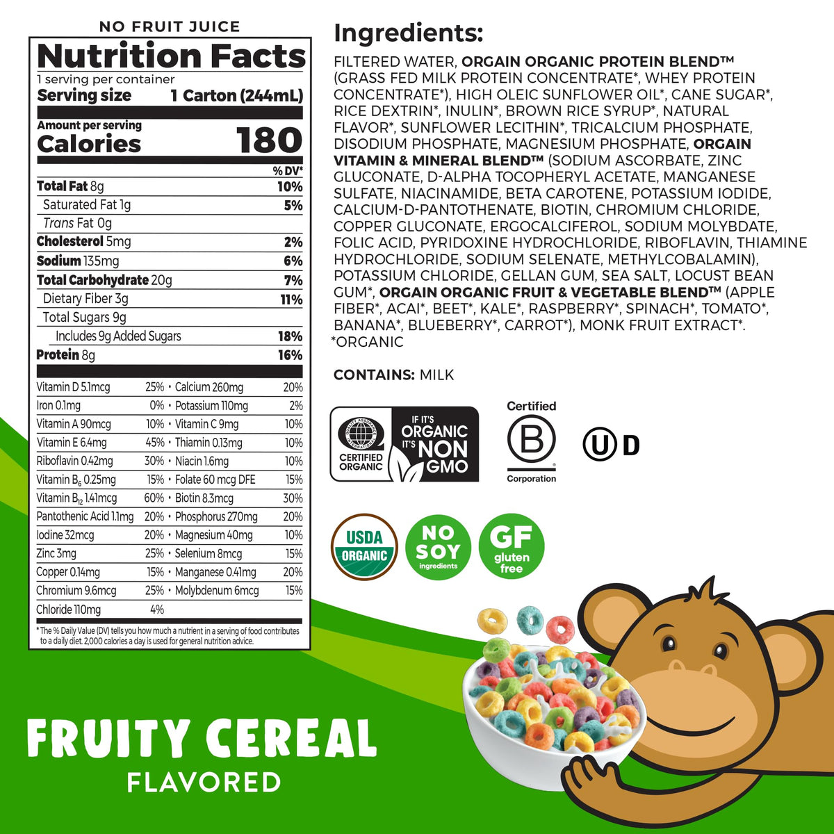 Orgain Organic Kids Nutritional Protein Shake, Fruity Cereal - Kids Snacks with 8g Dairy