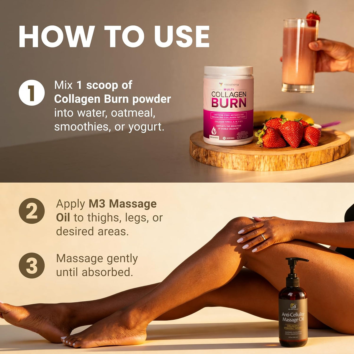M3 Firming Massage Oil + Vitauthority Multi Collagen Burn Powder Bundle
