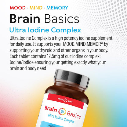 Brain Basics Ultra Iodine Complex Supplement for Thyroid Support, Iodine and Potassium Iodide in One, Iodine Supplement for Thyroid and Brain Health, 12.5 mg Iodine and Potassium Iodide - 90 Tablets