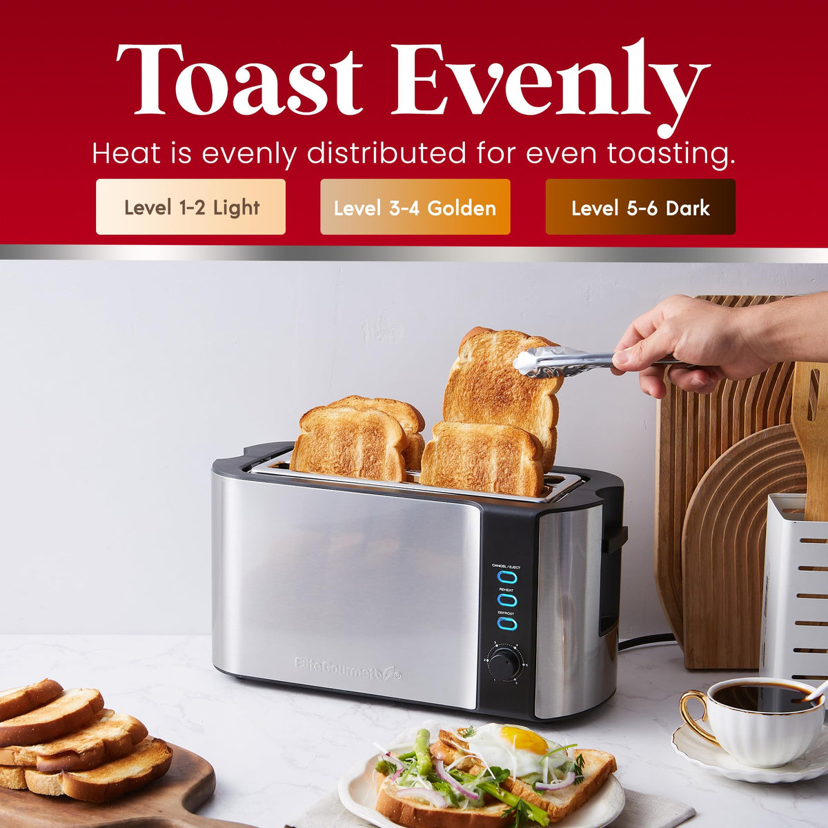 Elite Gourmet ECT-3100 Long Slot 4 Slice Toaster, Reheat, 6 Toast Settings, Defrost