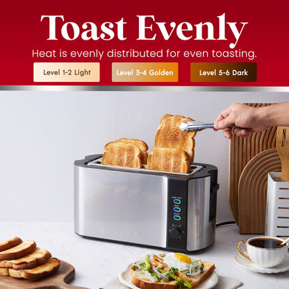 Elite Gourmet ECT-3100 Long Slot 4 Slice Toaster, Reheat, 6 Toast Settings, Defrost