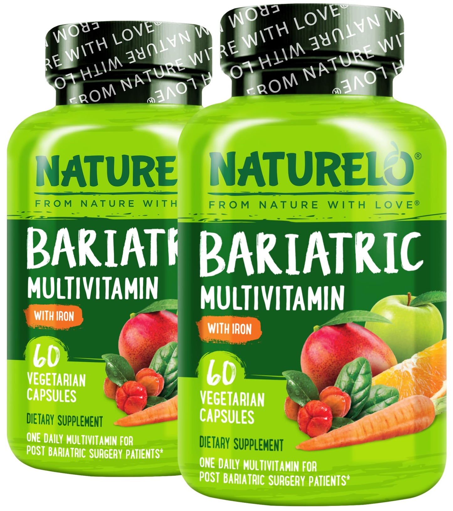 NATURELO Bariatric Multivitamin - One Daily with Iron - Supplement for Post Gastric Bypass Surgery Patients - Natural Whole Food Nutrition - 60 Veggie Capsules (Pack of 2)
