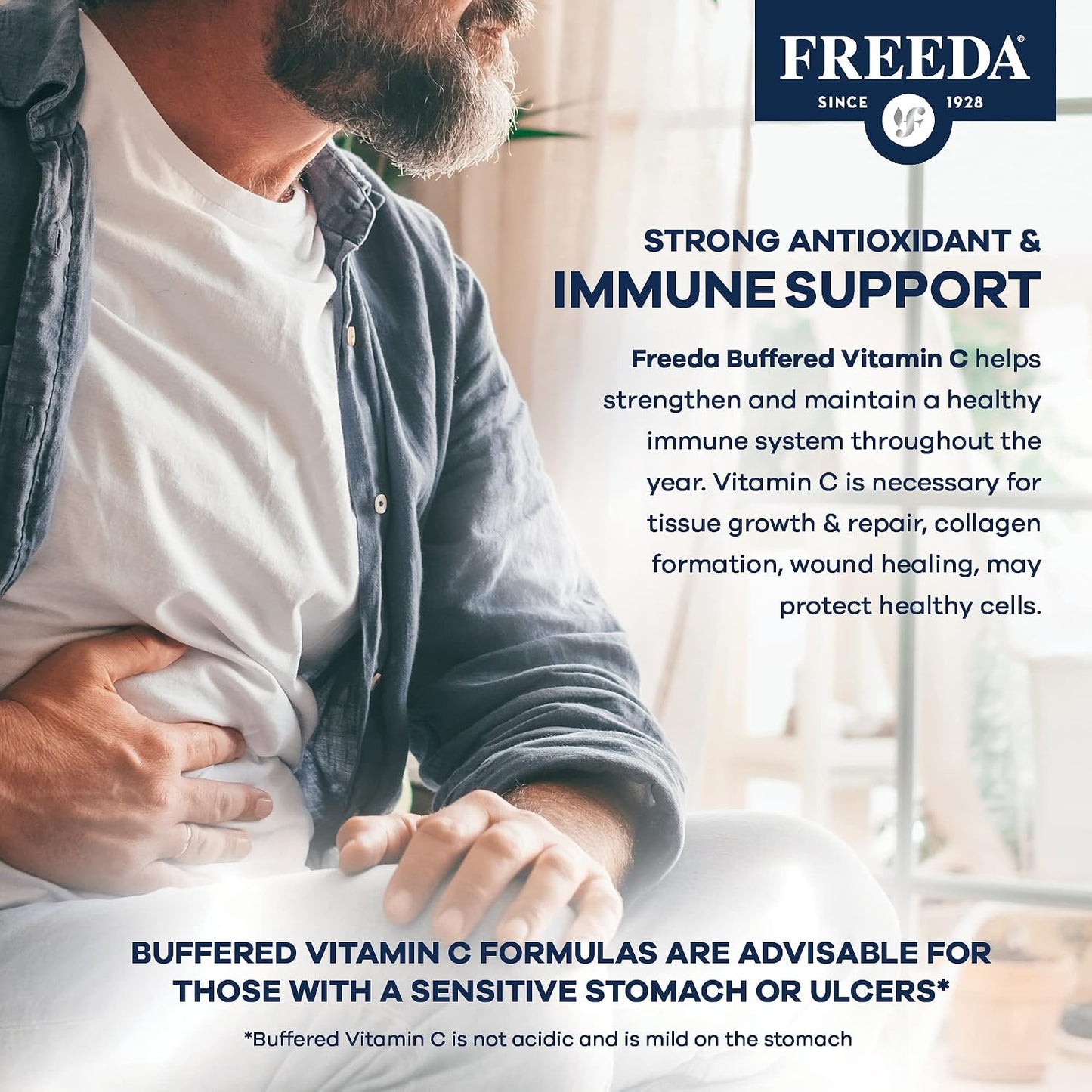 FREEDA Buffered Vitamin C 500mg for Immune Support – 100 Capsules | Includes 50mg Calcium – Supports Immune Health & Antioxidant Defense – Gentle on Stomachs, Kosher, Vegan, & Made in USA