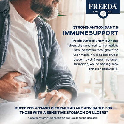 FREEDA Buffered Vitamin C 500mg for Immune Support – 100 Capsules | Includes 50mg Calcium – Supports Immune Health & Antioxidant Defense – Gentle on Stomachs, Kosher, Vegan, & Made in USA