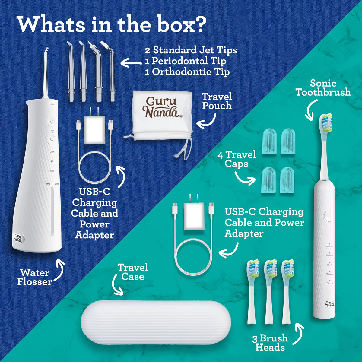 GuruNanda Electric Toothbrush & Water Flosser, 4 Toothbrush Heads, 4 Tips