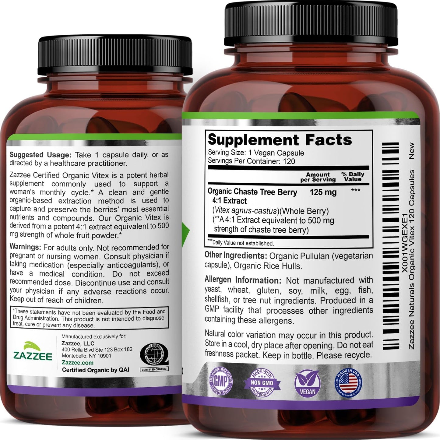 Zazzee USDA Organic Vitex 4:1 Extract, 120 Vegan Capsules, 4 Month Supply, Chaste Berry, Hormonal Balance & Cycle Support for Women, Certified Kosher, Vitex Agnus-Castus, Non-GMO, Made in the USA