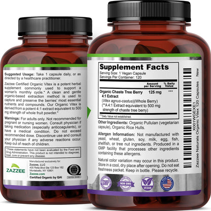 Zazzee USDA Organic Vitex 4:1 Extract, 120 Vegan Capsules, 4 Month Supply, Chaste Berry, Hormonal Balance & Cycle Support for Women, Certified Kosher, Vitex Agnus-Castus, Non-GMO, Made in the USA
