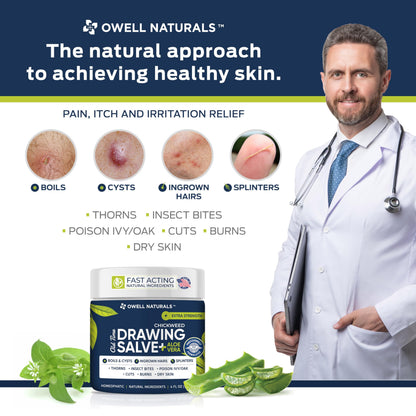Owell naturals Chickweed Drawing Salve with Aloe Vera for boils, Cyst, Splinters, Poison Ivy/Oak, Skin Disorder, Irritations, Burns, Minor Cuts, Dry Skin, Itching