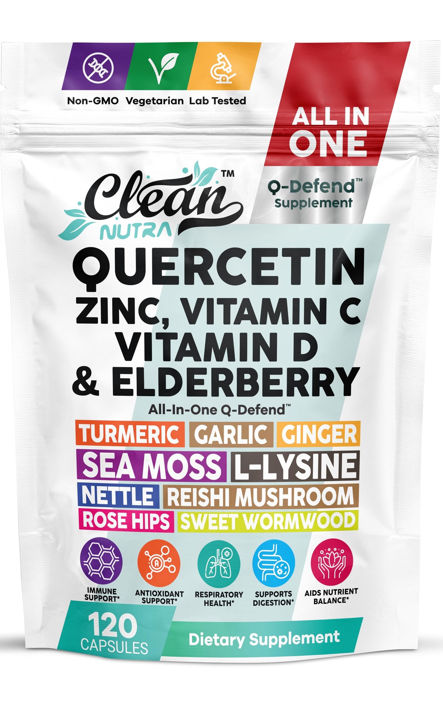 Q Defend Quercetin Supplement with Zinc Vitamin C Vitamin D Elderberry Turmeric Black Pepper Garlic Ginger Sea Moss Lysine Stinging Nettle Reishi Mushroom Immune Support 60 Capsules