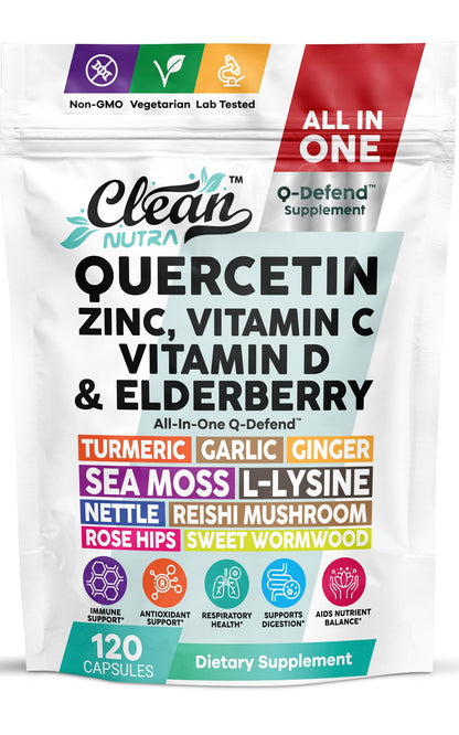 Q Defend Quercetin Supplement with Zinc Vitamin C Vitamin D Elderberry Turmeric Black Pepper Garlic Ginger Sea Moss Lysine Stinging Nettle Reishi Mushroom Immune Support 60 Capsules