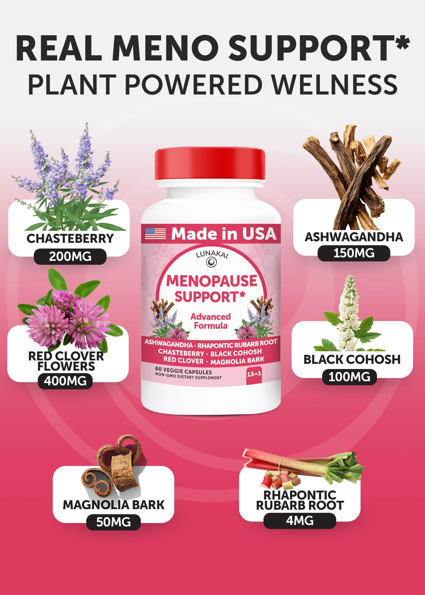 Lunakai USA Made Natural Menopause Supplements for Women, 60ct | Non-GMO, 13-in-1 Menopause Relief for Hot Flashes, Night Sweats, Sleep & Mood Support