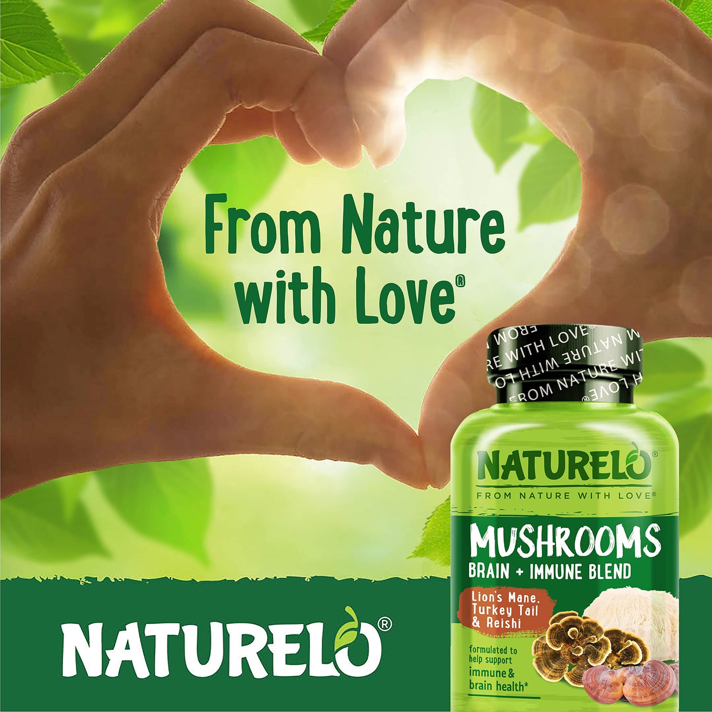 NATURELO Mushroom Supplement Capsules, 90 Ct, Brain & Immune Support, Vegan-Friendly, Lions Mane Supplement Capsules, Lion’s Mane, Reishi, Turkey Tail Blend