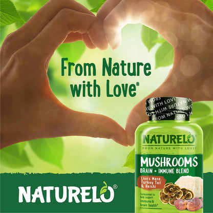 NATURELO Mushroom Supplement Capsules, 90 Ct, Brain & Immune Support, Vegan-Friendly, Lions Mane Supplement Capsules, Lion’s Mane, Reishi, Turkey Tail Blend