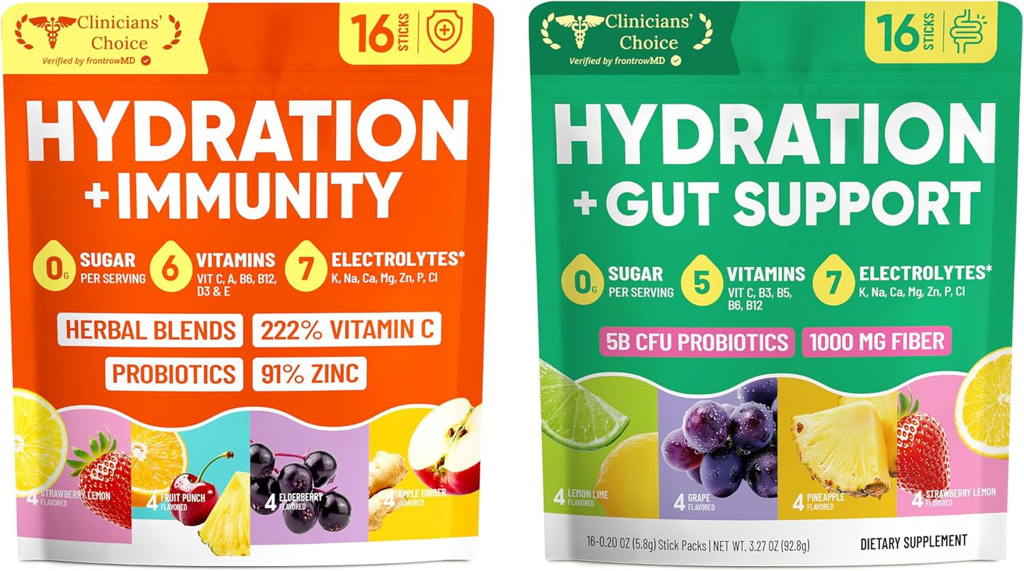 Venture Pal 2-in-1 Hydration Electrolytes Bundle – Gut Health + Immune Support Powder Packets, 7 Electrolytes, Vitamins & Probiotics, Elderberry, Turmeric, Sugar Free Drink Mix, 32 Sticks