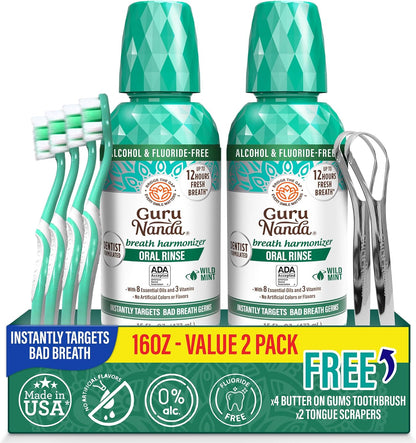 GuruNanda Fresh Breath Mouthwash – 12-Hour Fresh Breath & Helps Fight Bad Breath – ADA Accepted, Alcohol & Fluoride-Free Oral Rinse, Wild Mint - 16 oz, Pack of 2