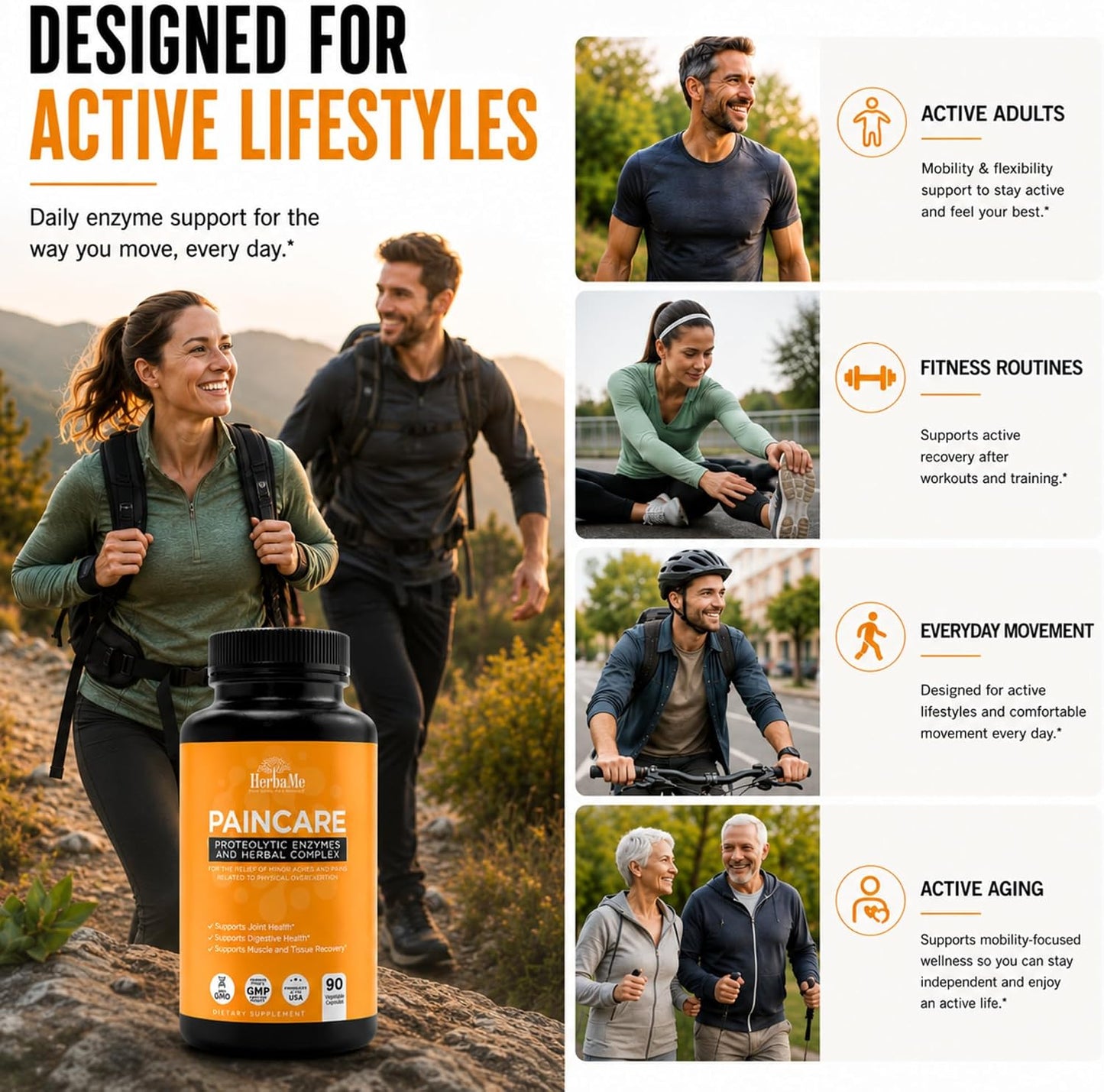 HerbaMe Proteolytic Enzymes with Serrapeptase, Bromelain & Herbal Blend for Mobility & Active Recovery Support, Systemic Enzyme Formula for Joint Flexibility & Active Wellness, 90 Capsules