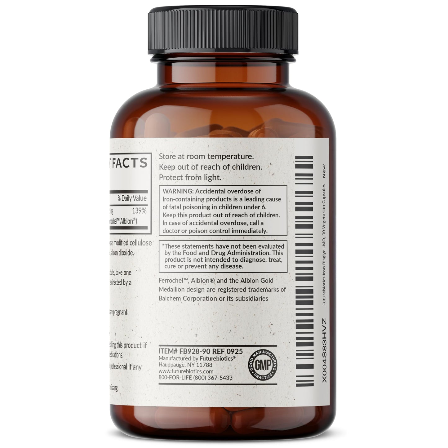 Futurebiotics Iron Bisglycinate 25mg Gentle on The Stomach, Supports Energy & Healthy Red Blood Cell Production - Non-Constipating Formula - Non GMO, 90 Vegetarian Capsules