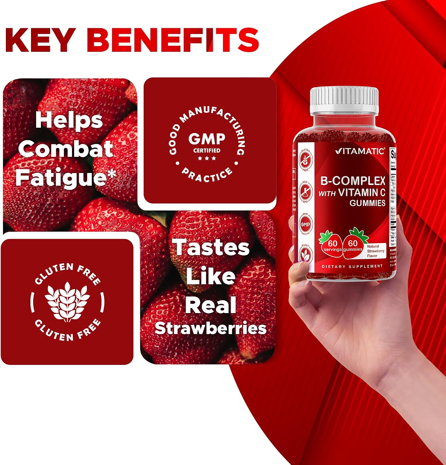 Vitamatic Vitamin B Complex Gummies with Vitamin C & Inositol - Natural Strawberry Flavor - 60 Gummies (1 Bottle)