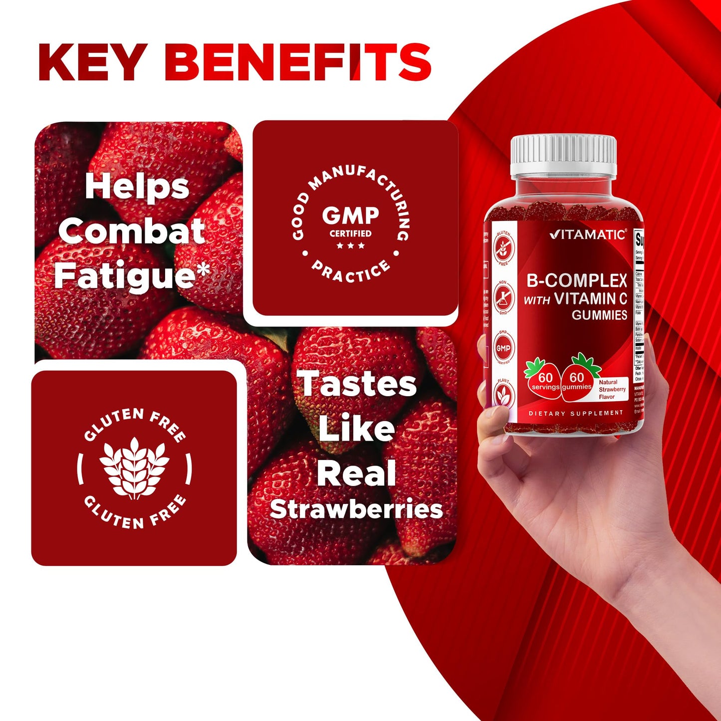 Vitamatic Vitamin B Complex Gummies with Vitamin C & Inositol - Natural Strawberry Flavor - 60 Gummies (1 Bottle)