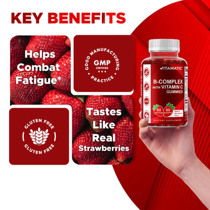 Vitamatic Vitamin B Complex Gummies with Vitamin C & Inositol - Natural Strawberry Flavor - 60 Gummies (1 Bottle)
