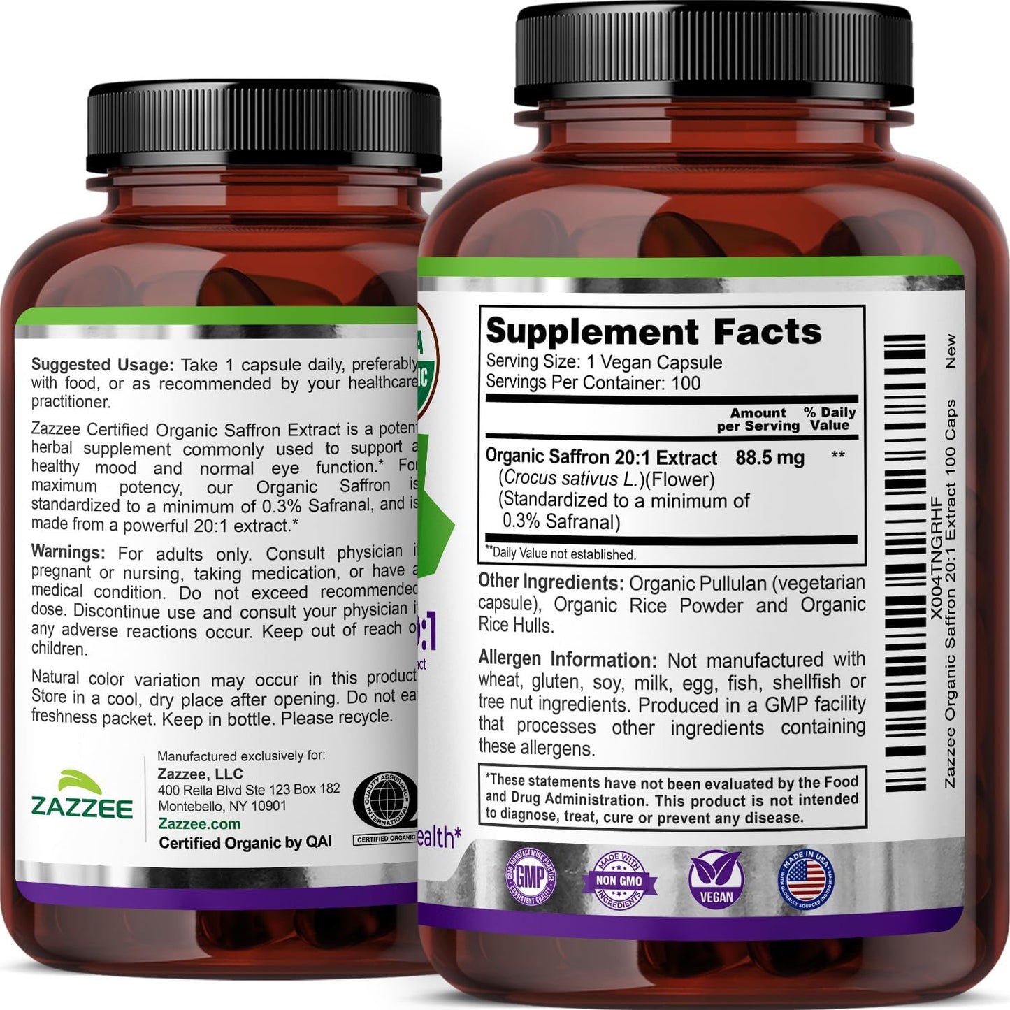 Zazzee USDA Organic Saffron 20:1 Extract, 88.5 mg, 0.3% Safranal, 100 Vegan Capsules, 3+ Month Supply, Concentrated and Standardized 20X Extract, Non-GMO, All-Natural, Made in the USA