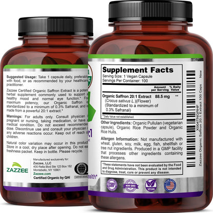 Zazzee USDA Organic Saffron 20:1 Extract, 88.5 mg, 0.3% Safranal, 100 Vegan Capsules, 3+ Month Supply, Concentrated and Standardized 20X Extract, Non-GMO, All-Natural, Made in the USA
