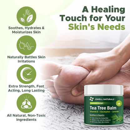 Owell Naturals Tea Tree Antifungal Balm – Extra Strength for Athlete’s Foot, Jock Itch, Ringworm & Skin Fungus – Soothing for Itchy, Dry, Cracked Skin, Feet & Body, 2 oz