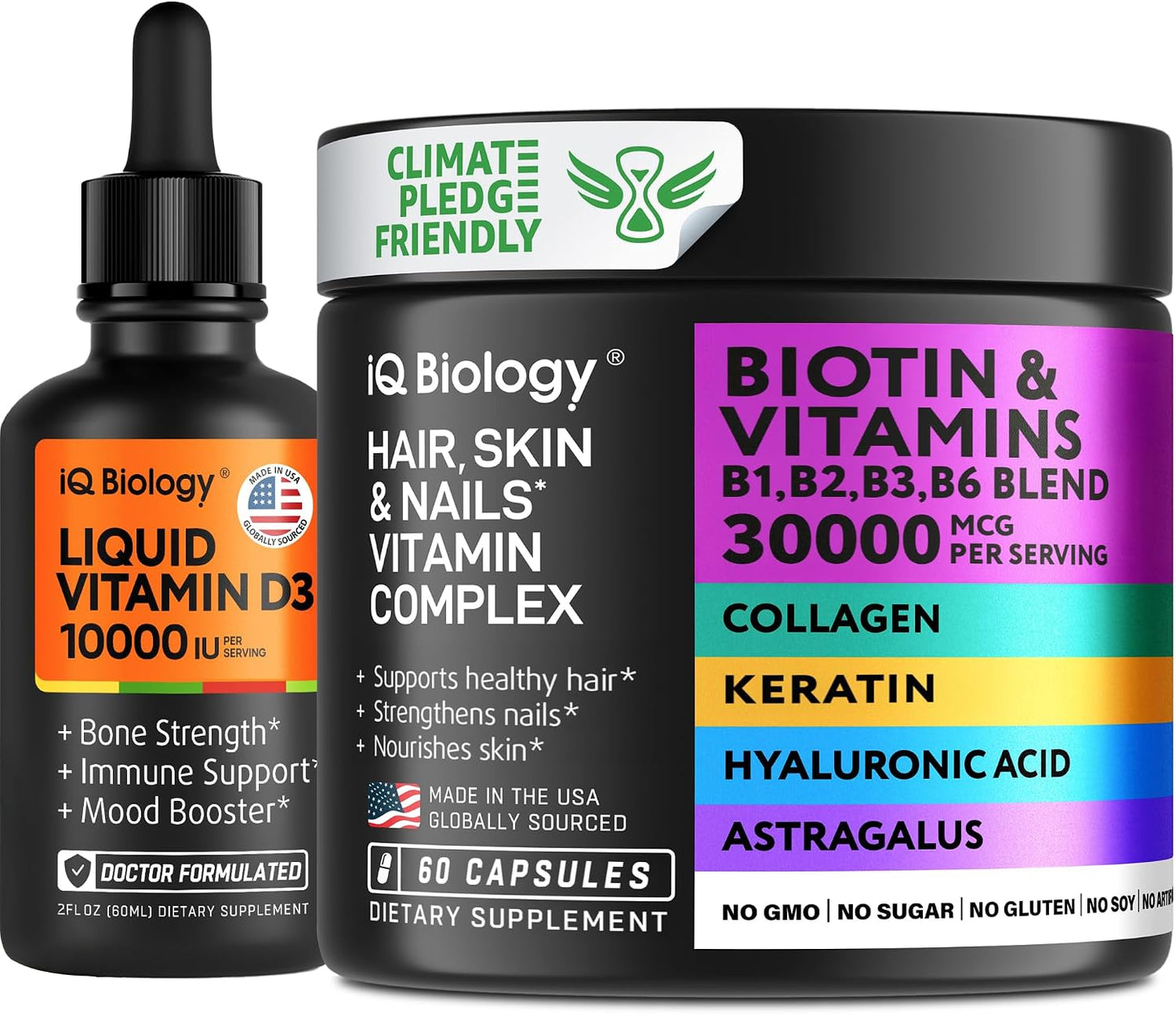 IQ BIOLOGY Ultimate Hair, Skin, & Immunity Support Bundle - Biotin for Hair Growth, Collagen & Keratin for Thinning Hair, Vitamin D3 for Strong Bones, Teeth, and Enhanced Immune Function