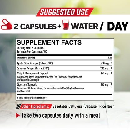 12in1 Apple Cider Vinegar Supplements - 200 Capsules with Cayenne Pepper, Grape Seed