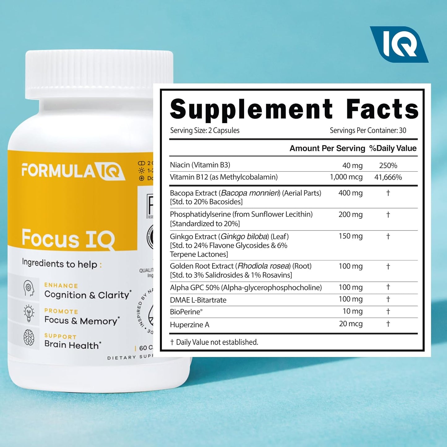 Formula IQ - Focus IQ - Brain Supplements for Memory and Focus - Memory Supplements - Cognitive Support - 60 Capsules