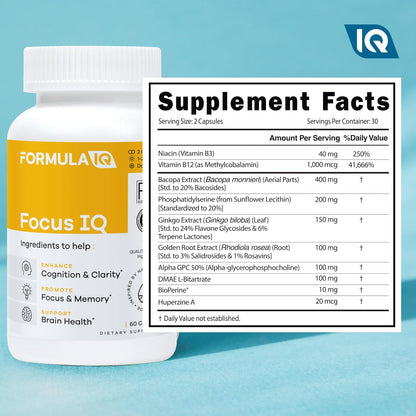 Formula IQ - Focus IQ - Brain Supplements for Memory and Focus - Memory Supplements - Cognitive Support - 60 Capsules