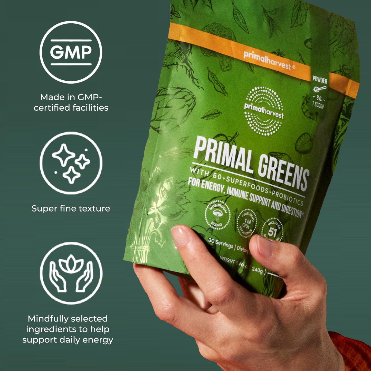 Primal Harvest Greens - Daily Supplement Powder, Gluten, Dairy & Soy Free