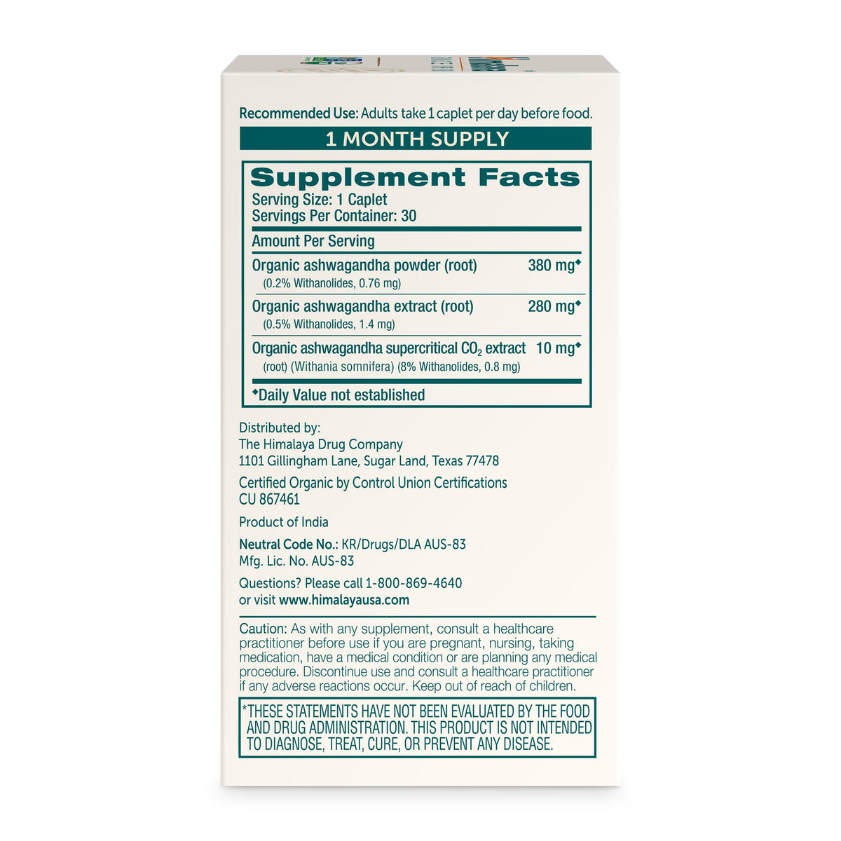 Himalaya USDA Organic Ashwagandha Root, 670 mg, 60 Day Supply, 60 Caplets