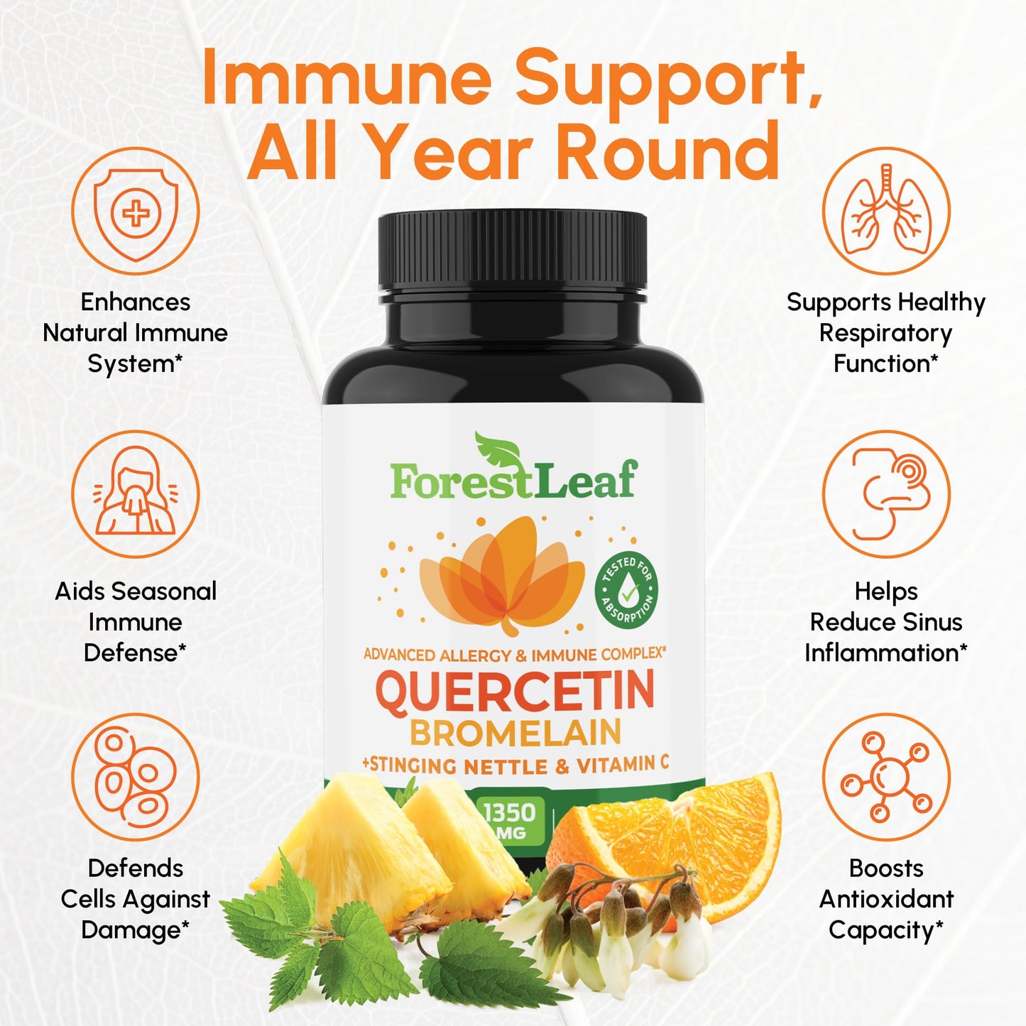 ForestLeaf Quercetin with Bromelain 1350mg - Blend with Vitamin C & Stinging Nettle Supplement, Quercetin 500mg Capsules, Non-GMO Gluten Free, Natural Function, 90 Veggie Caps