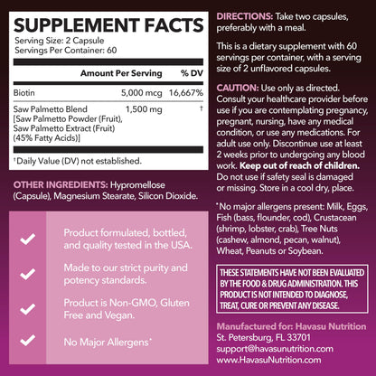 Saw Palmetto for Women with Bitoin 5000mcg Per Serving, 30-Day Supply | Vegan, Non-GMO DHT Blocker for Women for Hair, Skin and Nails, Saw Palmetto Extract with Biotin for Thicker Looking Hair